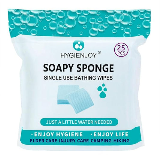 HYGIENJOY-Rinse Free Bath Sponges No Rinse Bathing Wipes(25 Counts)-No Residue Shower Wipes,Soap Infused,Lather,For the Elderly,Bedridden,Campers,Hikers,Post Surgery Must Haves