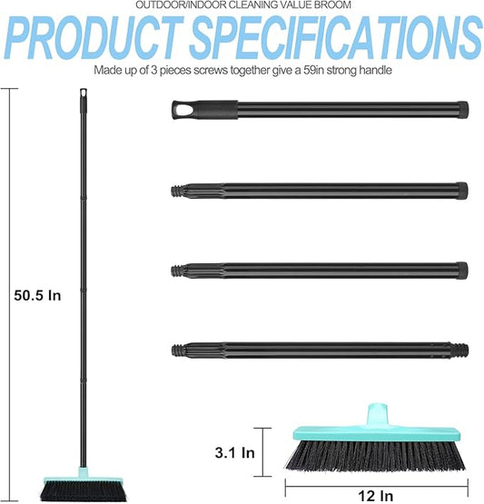 Push Broom Stiff Bristles Outdoor Broom with 51" Long Handle for Cleaning Scrubbing Deck Driveway Yard Patio Garage Concrete Wood Stone Tile Multi-Surface Floor