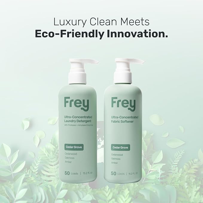 FREY Laundry Care Bundle: Concentrated Detergent & Fabric Softener, Cedar Grove Scent, HE-Compatible, Eco-Friendly