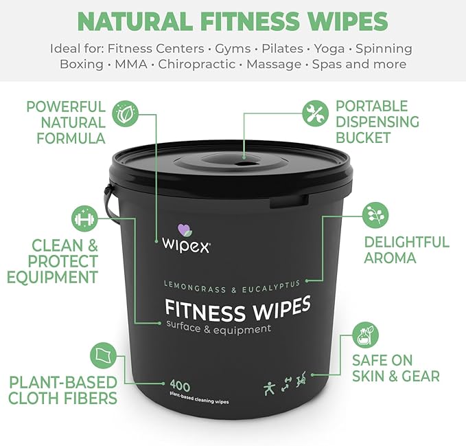 Wipex Gym Wipes for Equipment Bundle - Get 2 Buckets (1) Lemongrass & (1) Lavender Plant-Based Fitness Equipment Wipes, Clean Surfaces & Mats, Safe Gym Cleaner & Peloton Bike, 400 Count (Pack of 2)
