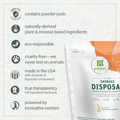 Grab Green Garbage Disposal Freshener and Cleaner Pods, 48 Count, Tangerine Lemongrass Scent, Plant and Mineral Based, Removes Odors, Loosens Grime, Prevents Clogging
