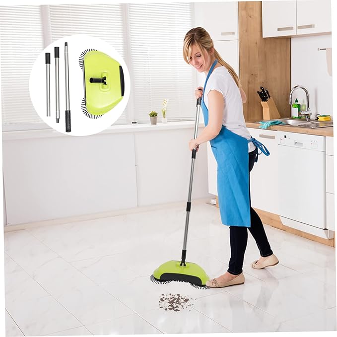 Multi Function Hand Push Sweeper with Dustpan and Trash Bin Rotating Floor Cleaning Mop for Easy Household Cleaning Green