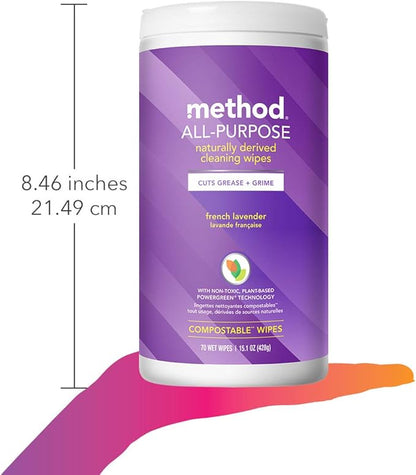Method All-Purpose Cleaning Wipes, French Lavender, Multi-Surface, Compostable, 70 Count (Pack of 6)