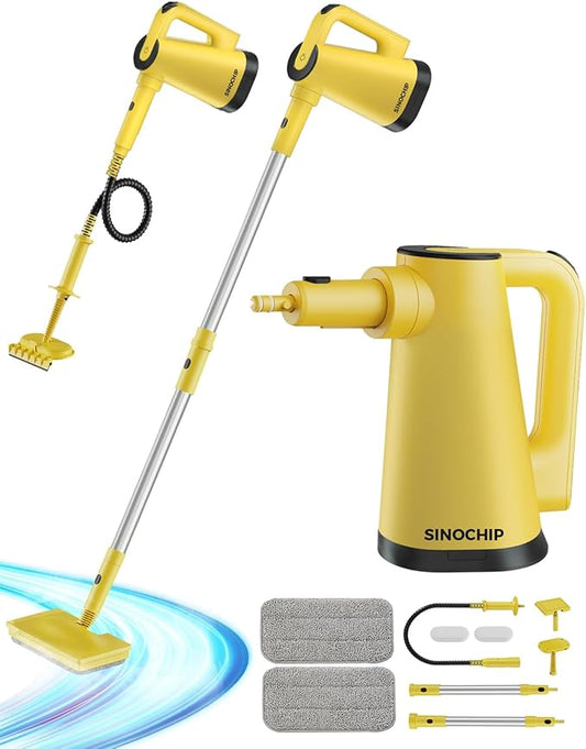 Steam Mops for Floor Cleaning, with 7-in-1 Attachments, 13OZ Water Tank, 23ft Power Cord, Detachable Handheld Steamer for Cleaning Hardwood, Tile, Glass, and Ironing (Yellow-A1)