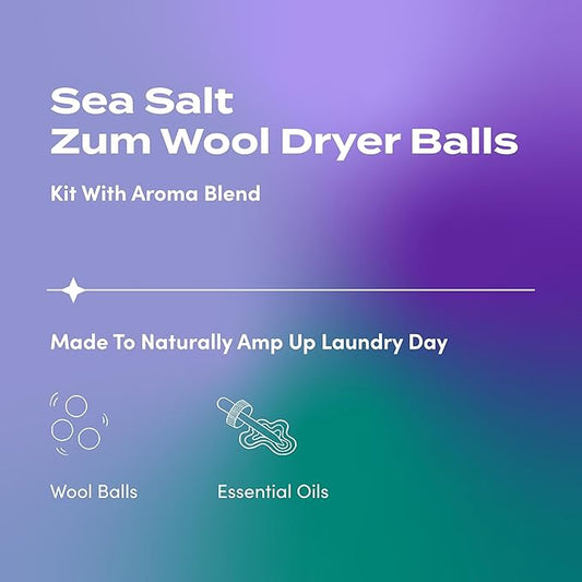 Zum Indigo Wild Laundry Dryer Balls Kit - Wool Laundry Balls for The Dryer - Essential Oil Spray - Reusable Drying Balls for Laundry - Sea Salt - (3 Dryer Balls, 1 Aroma Blend)
