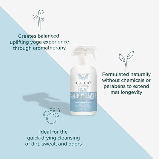 cuccio SOMATOLOGY Yoga Mat Sani Spray Cleaner - Essential Liquid Mat Cleanser Mist - Non Sticky, Quick Drying, Odor, Dirt And Sweat Control - Natural, Chemical Free Equipment Freshener - 32 Fl Oz