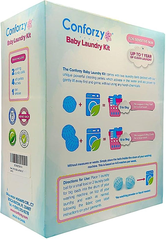 Conforzy Baby Laundry Balls Kit for Sensitive Skin. Washing Machine Balls and Stain Remover (Up-to 240 Washes). Eco-Friendly with no Harsh Chemicals. 1 Year Worth of Laundry