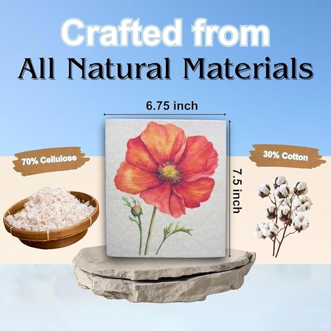 Swedish Dishcloths - Ecofriendly Reusable Paper Towels, Biodegradable Dish Cloths - Cellulose Sponge Dish Cloths for Washing Dishes - 8 Pack (Floral)