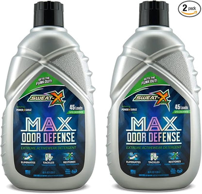 Sweat X Original Max Odor Defense Laundry Detergent – Remove the Worst Odors & Toughest Stains – High Performance Sports Wash for Training Gear & All Fabric Types – 45 Loads – 2 Pack
