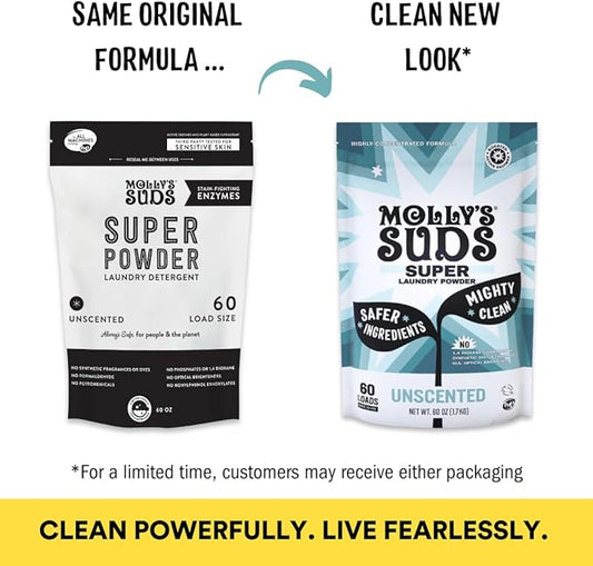 Molly's Suds Unscented Super Powder Detergent | Extra Strength Laundry Soap, Stain Fighting | Sensitive Skin | Simple, Effective Ingredients | 120 Loads Total (2 Pack)