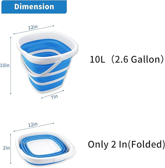 2 Pack Collapsible Buckets 10L 2.6 Gallon Cleaning Bucket Mop Bucket Folding Foldable Portable Small Plastic Water Supplies for Outdoor Garden Camping Fishing Car Wash Space Saving Square Grey Blue