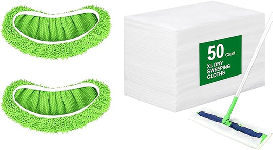 50 Count Disposable XL Dry Sweeping Cloths + 2 Pack Reusable Microfiber Mop Pads for Swiffer Sweeper XL Mop (Mop is not Included)