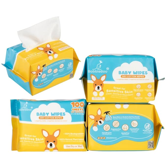 BabbleRoo Dry Wipes for Baby - 100% Plant-Based Cotton Wipes, Hypoallergenic, Fragrance-Free, Chemical-Free, Gentle for Sensitive Skin, Use Wet or Dry for Diaper Changes and Cleanups– 400 Wipes