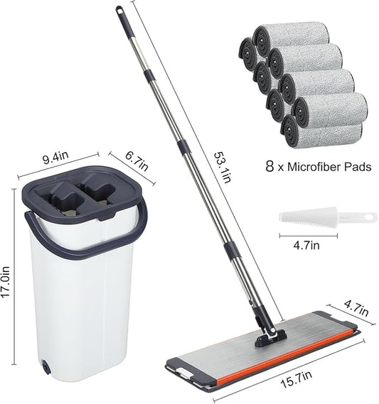 Easywring Washable Mop and Bucket with Wringer Set for Home, Durable and Sturdy Aluminum Flat Mop Head, 2-Chamber, Wet and Dry for All Surfaces, with 6 Reusable Microfiber Mop Pads 13 inch (16 Inch)