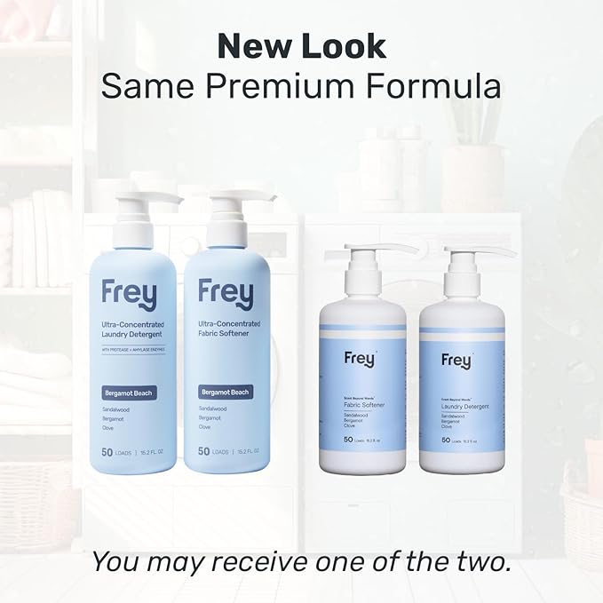 FREY Laundry Care Bundle: Concentrated Natural Laundry Detergent + Fabric Softener, Sandalwood, Bergamot, and Clove Scent, HE-Compatible