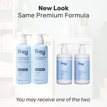 FREY Laundry Care Bundle: Concentrated Natural Laundry Detergent + Fabric Softener, Sandalwood, Bergamot, and Clove Scent, HE-Compatible