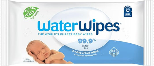 WaterWipes Plastic-Free Original 99.9% Water Based Wipes, Unscented & Hypoallergenic for Sensitive Skin, 60 Count (1 pack)