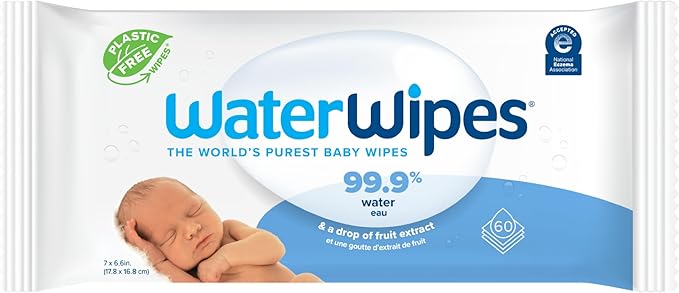 WaterWipes Plastic-Free Original 99.9% Water Based Wipes, Unscented & Hypoallergenic for Sensitive Skin, 60 Count (1 pack)