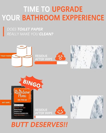 RainbowPana 120 Count Flushable Wipes for Men: ON-THE-GO, Individually Wrapped | Butt Wipes, Travel Wipes | Lightly Scented - Vitamin C, E, Aloe, Plant Extract | Hypoallergenic, Sensitive Skin