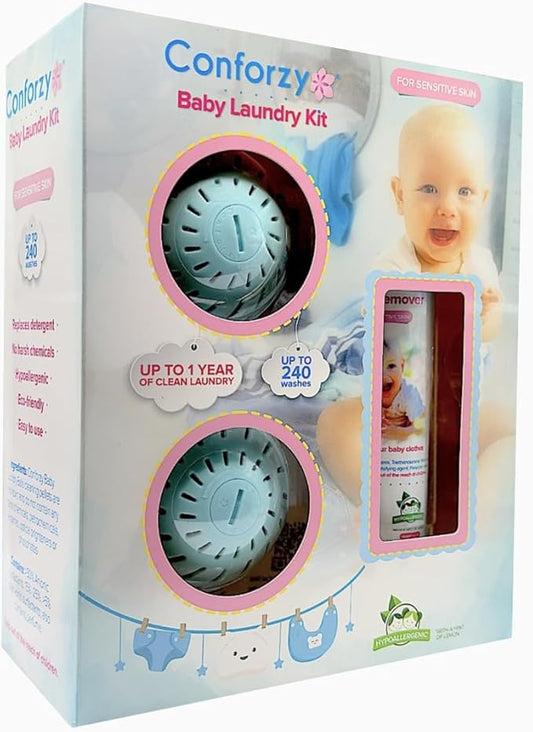 Conforzy Baby Laundry Balls Kit for Sensitive Skin. Washing Machine Balls and Stain Remover (Up-to 240 Washes). Eco-Friendly with no Harsh Chemicals. 1 Year Worth of Laundry
