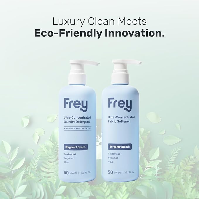 FREY Laundry Care Bundle: Concentrated Natural Laundry Detergent + Fabric Softener, Sandalwood, Bergamot, and Clove Scent, HE-Compatible