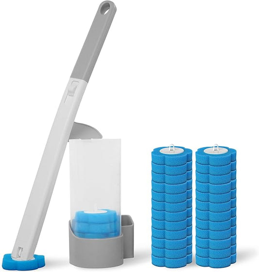 Disposable Toilet Brush, Toilet Bowl Cleaner Brush with 24 Refills, Toliet Wand Kit Wall-Mounted, Toilet Bowl Disposable Scrubbers, Storage Caddy and 24 Refill Heads for Bathroom Cleaning