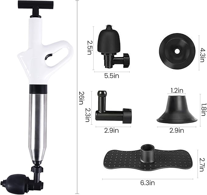 High Pressure Air Drain Gun with Real Time Barometer, Toilet Plunger Kit for Toilets, Floor Drains, Sewers, Pipes, Kitchen Sinks, Bathroom Dredges