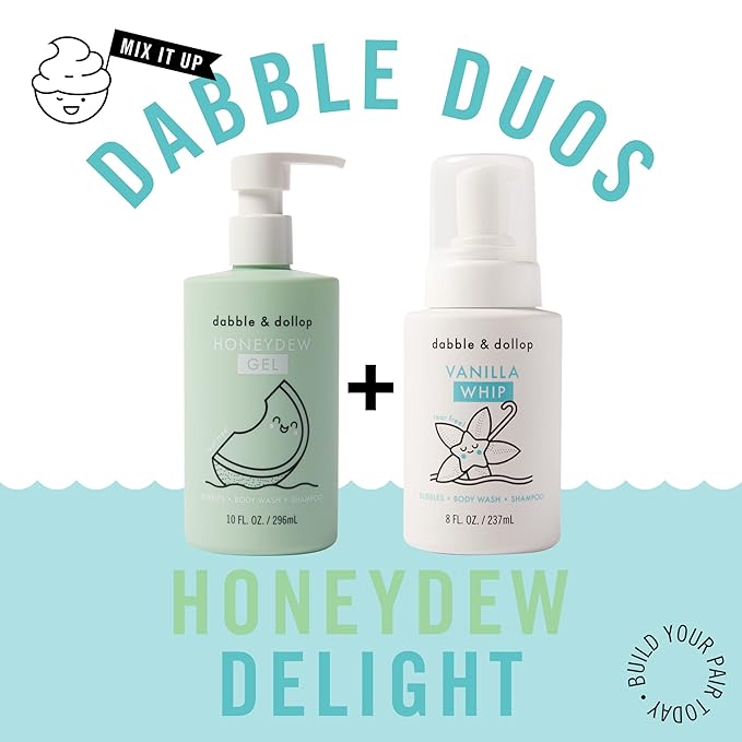 Dabble & Dollop Honeydew Melon + Vanilla Body Wash & Shampoo - 3 in 1 Natural Bubble Bath for Kids, USA-Made, Paraben & Sulfate Free, Vegan, Gluten-Free, Tear-Free (Pack of 2)