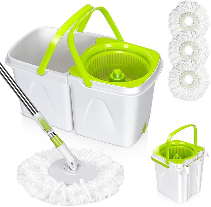 Masthome Mop and Bucket with Wringer Set, Small Spin Mops with Bucket Detachable and 3 Microfiber Mop Pads, 50" Microfiber Spin Mop for Hardwood Laminate Ceramic Marble Tile Floor Cleaning