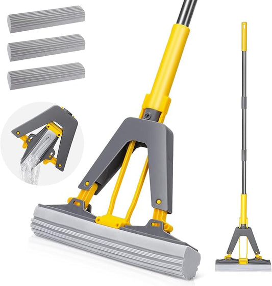 MASTERTOP Sponge Mop for Floor Cleaning,Self Squeeze Sponge Mop with 3 PVA Absorbent Refills,Household Roller Mop with 51" Handle for Kitchen Bathroom Office Hardwood Laminate Floor Cleaning
