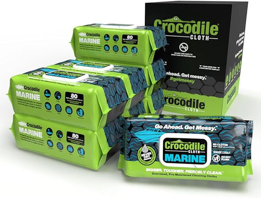 Crocodile Cloth Marine - 8 pack. 640 (15" x 10") Boat Cleaning Wipes. Safe on Skin & Multiple Surfaces. Infused with Aloe & Vitamin E. Large, Pre-Moistened & Absorbent.