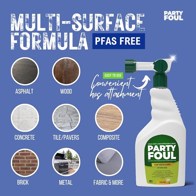 Party Foul Plant-Based Cleaner Spray | Eco-Friendly, Vegan Formula for Tiles, Counters, Granite, Metal, Glass, Wood & More | Natural I For Decks, Patios, BBQ Spills, Outdoor - 32 oz