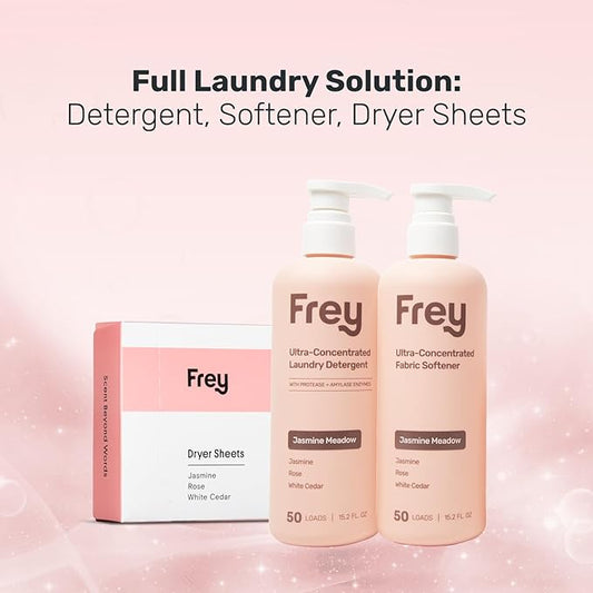 Frey Complete Laundry Package | Jasmine Meadow Scent | Detergent, Fabric Softener & Dryer Sheets | Nature’s Luxury