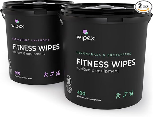 Wipex Gym Wipes for Equipment Bundle - Get 2 Buckets (1) Lemongrass & (1) Lavender Plant-Based Fitness Equipment Wipes, Clean Surfaces & Mats, Safe Gym Cleaner & Peloton Bike, 400 Count (Pack of 2)