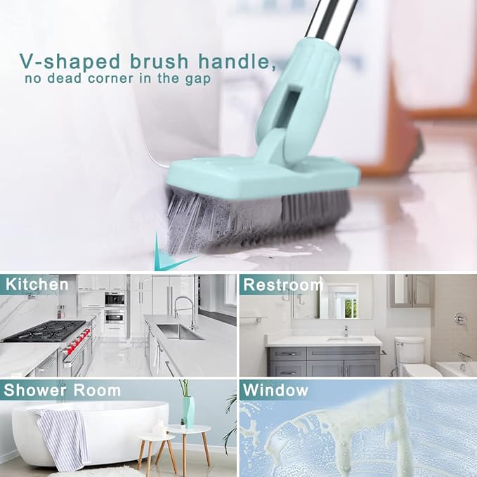 Affogato Floor Scrub Brush Bathroom Long Handle Bathtub Push Broom Shower Tile Grout Scrubber Rotatable Indoor Kitchen Crevice Cleaning Brush for Hard to Reach Areas - Light Blue 46.8inches Lengthen