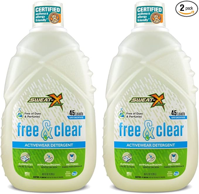 Sweat X Free & Clear Activewear Laundry Detergent – Certified Asthma & Allergy Friendly® – Hypoallergenic – Remove the Worst Odors & Toughest Stains – High-Performance Sports Wash – 45 Loads – 2 Pack
