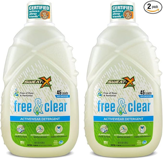Sweat X Free & Clear Activewear Laundry Detergent – Certified Asthma & Allergy Friendly® – Hypoallergenic – Remove the Worst Odors & Toughest Stains – High-Performance Sports Wash – 45 Loads – 2 Pack