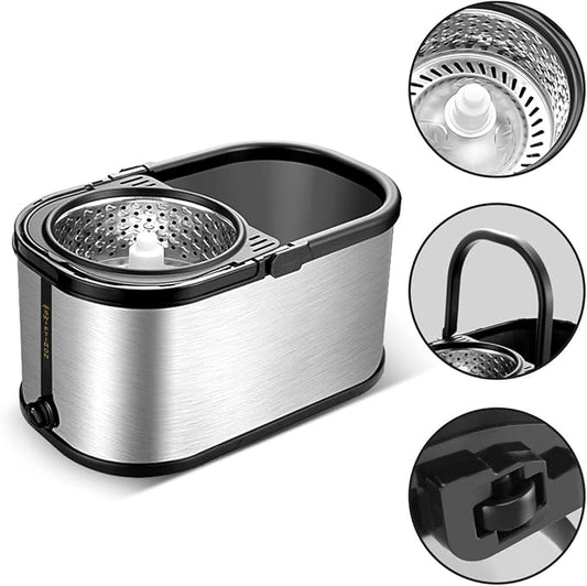 EasyWring Microfiber Spin Mop with Wringer Set, 360° Spining Mop and Bucket Set for Cleaning with Extra Refills, Trueclean Mop Bucket System (Silver)