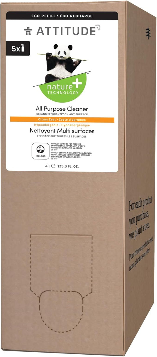ATTITUDE All Purpose Cleaner, EWG Verified Multi-Surface Products, Vegan, Naturally Derived Multipurpose Cleaning Spray, Citrus Zest, Bulk Refill, 135.26 Fl Oz (Pack of 2)