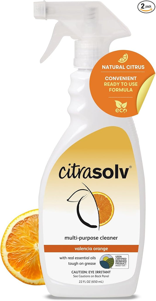Citra Solv All Purpose Cleaning Spray – Powerful Citrus Degreaser for Kitchen & Bathroom, Multi-Surface Cleaner, No Harsh Chemicals, Valencia Orange 22oz (2 Pack)