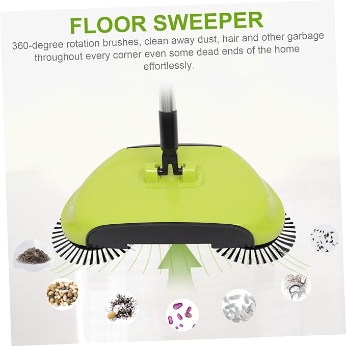 Multi Function Hand Push Sweeper with Dustpan and Trash Bin Rotating Floor Cleaning Mop for Easy Household Cleaning Green