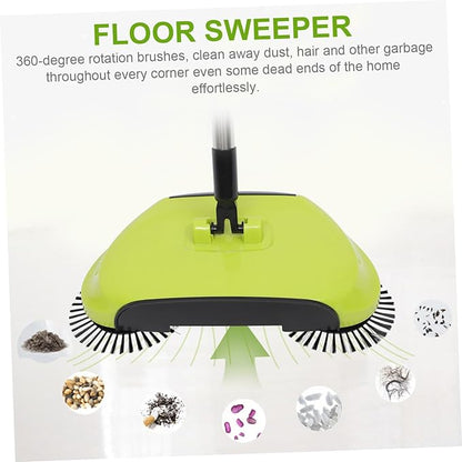 Multi Function Hand Push Sweeper with Dustpan and Trash Bin Rotating Floor Cleaning Mop for Easy Household Cleaning Green