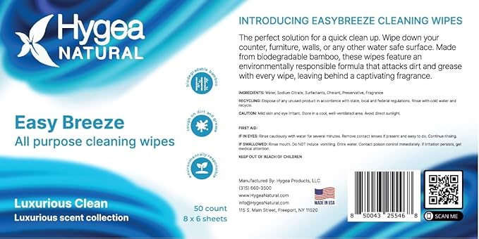 EasyBreeze All Purpose Cleaning Wipes - Biodegradable Bamboo Wipes for Multi-surface Cleaning - Environmentally Friendly Formula - Luxurious Clean Scented (4 Packs of 50 Wipes Each)