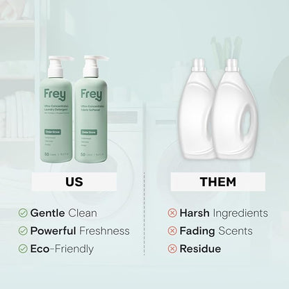 FREY Laundry Care Bundle: Concentrated Detergent & Fabric Softener, Cedar Grove Scent, HE-Compatible, Eco-Friendly