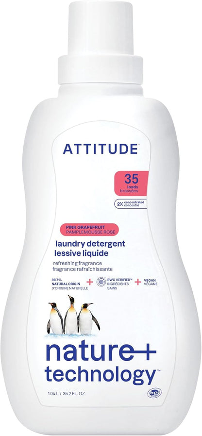 ATTITUDE Liquid Laundry Detergent, EWG Verified Laundry Soap, HE Compatible, Vegan and Plant Based Products, Cruelty-Free, Pink Grapefruit, 35 Loads, 35.5 Fl Oz