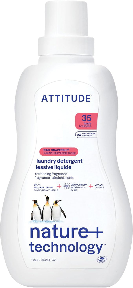 ATTITUDE Liquid Laundry Detergent, EWG Verified Laundry Soap, HE Compatible, Vegan and Plant Based Products, Cruelty-Free, Pink Grapefruit, 35 Loads, 35.5 Fl Oz