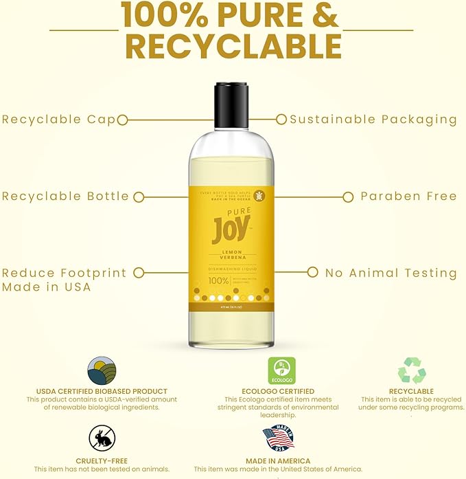 JOY Pure Natural Liquid Dish Soap | Biodegradable Formula | Lemon Verbena Scent | 16 fl. oz - Pack of 3, Bundled With 2 Erase Pads