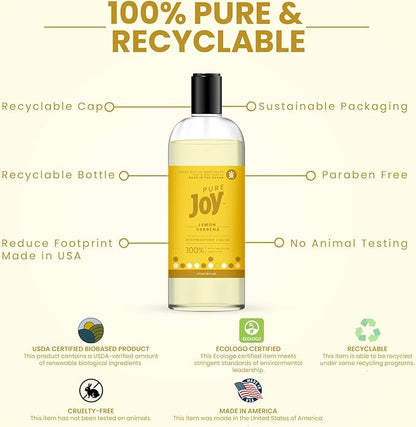 JOY Pure Natural Liquid Dish Soap | Biodegradable Formula | Lemon Verbena Scent | 16 fl. oz - Pack of 3, Bundled With 2 Erase Pads