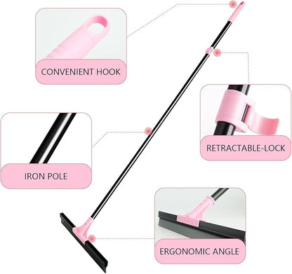 17.3'' Floor Squeegee Shower Broom, Heavy Duty Rubber Scraper with Extendable Handle, Large Sweeper for Bathroom, Tile Floor, Window, Patio, Garage, Deck (Black Pink)