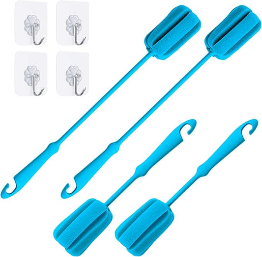 4PCS Blue Soft Sponge Bottle Cleaning Brush Plastic Handle Cup Scrubber Washing Brush vase Pot Cleaner (2 Size 10'15')